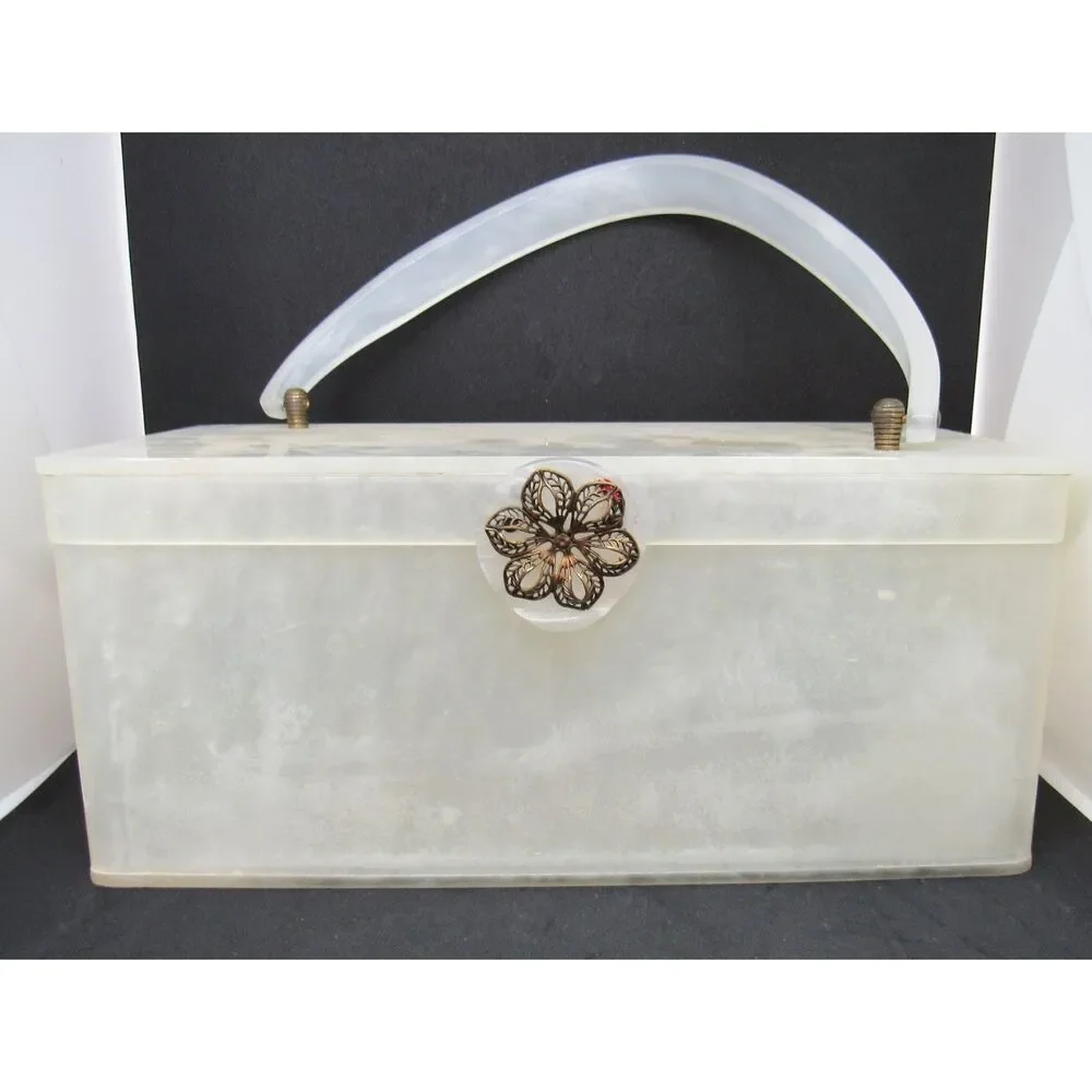Vintage pearlized lucite purse box filigree clasp 1950 mirrored interior Wilardy